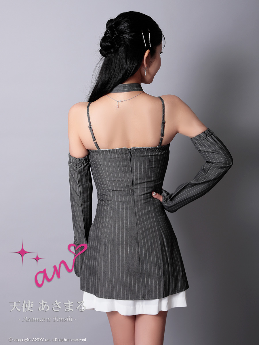 キャミソール ネクタイ付き 長袖 ストライプ レイヤード プリーツ フレアミニドレスの詳細画像5