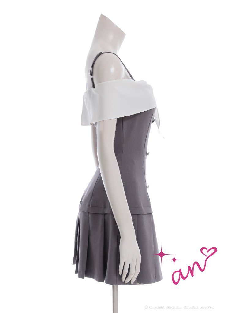 リボン フロントボタン プリーツ バイカラー オフショルダー キャミソール フレアミニドレスの全身サイド画像1