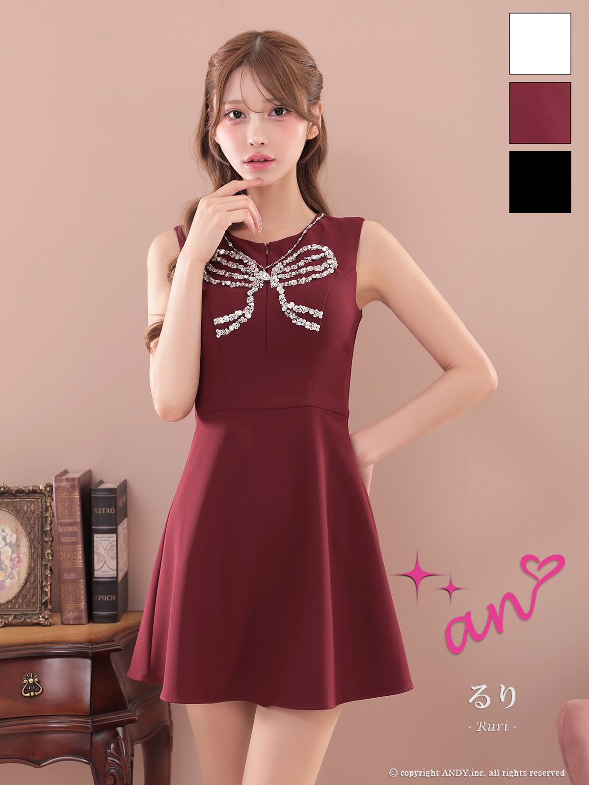  ボリュームフラワー ビジュー ジップデザイン ノースリーブ フレアミニドレスのメイン画像1