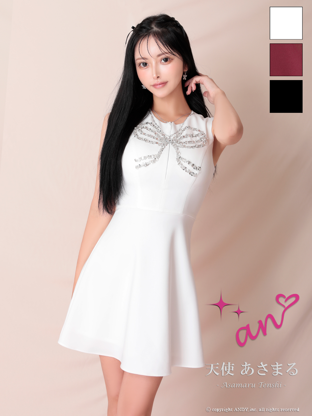  ボリュームフラワー ビジュー ジップデザイン ノースリーブ フレアミニドレスのメイン画像2