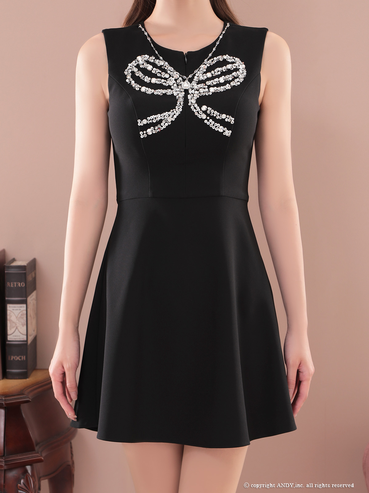  ボリュームフラワー ビジュー ジップデザイン ノースリーブ フレアミニドレスの全身バック画像1