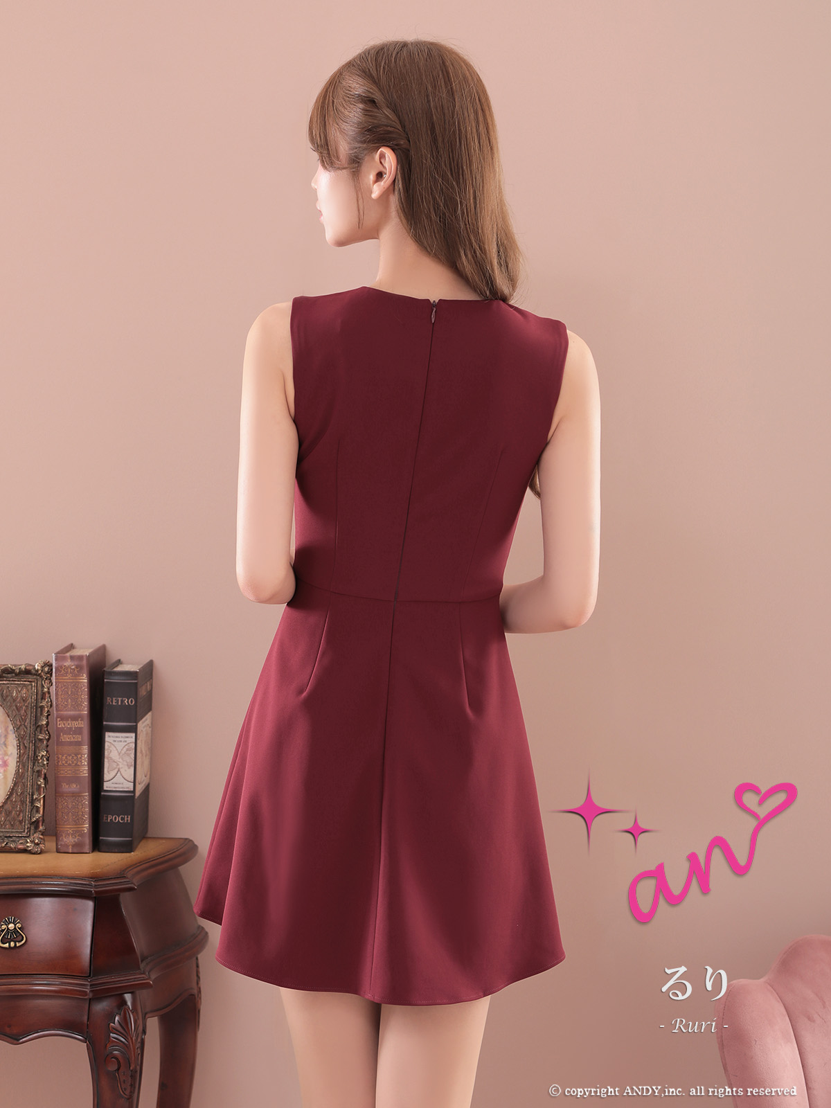  ボリュームフラワー ビジュー ジップデザイン ノースリーブ フレアミニドレスの詳細画像3