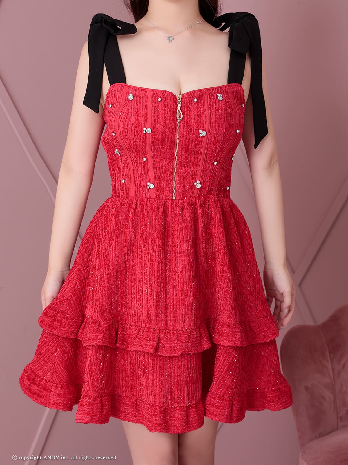 ノースリーブ ジップデザイン フリル ビジュー ショルダーリボン フレアミニドレスの全身バック画像1