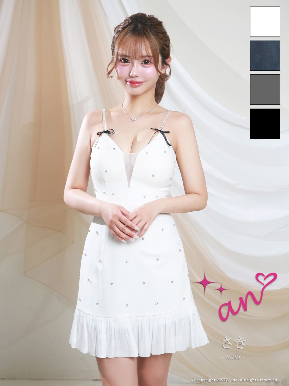 キャミソール ドット柄 バストシースルー ビジュー リボン プリーツ フレアミニドレスのメイン画像2