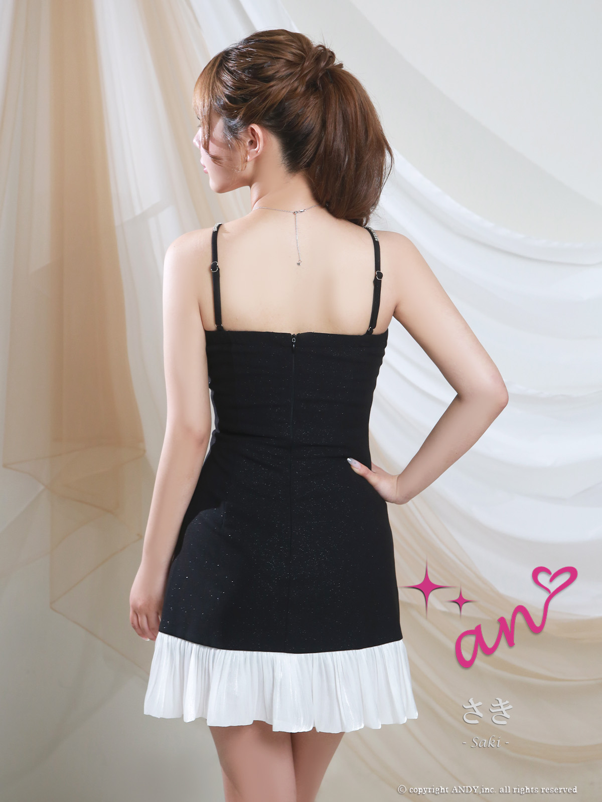 キャミソール ドット柄 バストシースルー ビジュー リボン プリーツ フレアミニドレスの全身サイド画像1