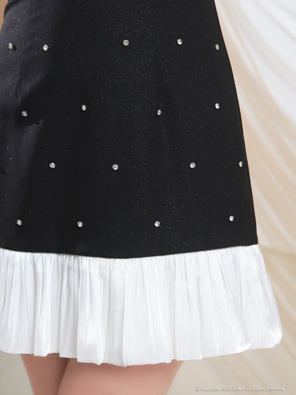 キャミソール ドット柄 バストシースルー ビジュー リボン プリーツ フレアミニドレスの詳細画像1