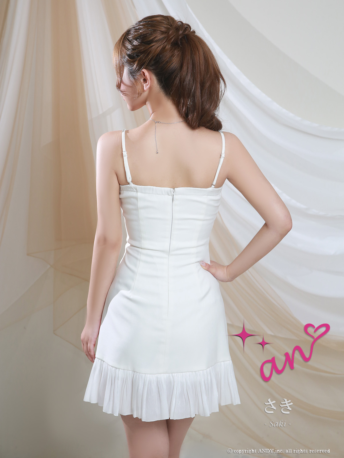 キャミソール ドット柄 バストシースルー ビジュー リボン プリーツ フレアミニドレスの詳細画像1