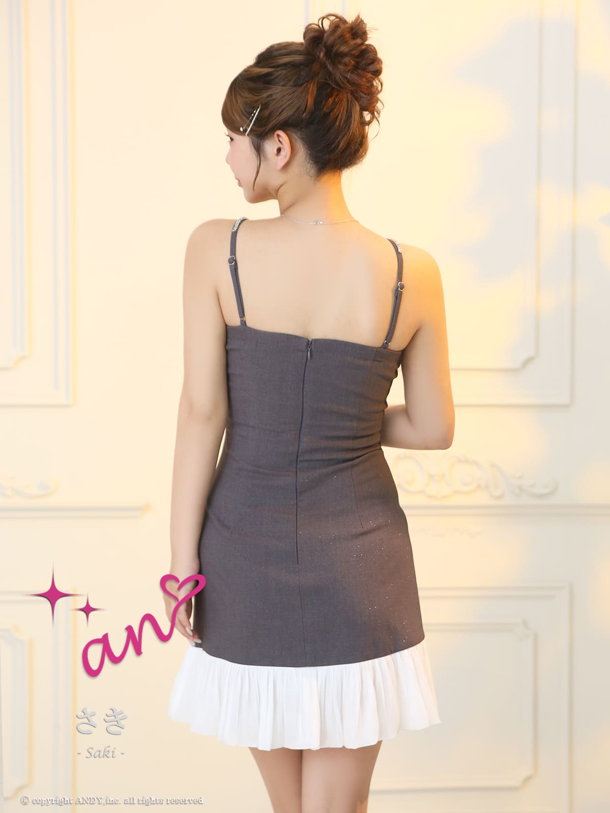 キャミソール ドット柄 バストシースルー ビジュー リボン プリーツ フレアミニドレスの詳細画像1