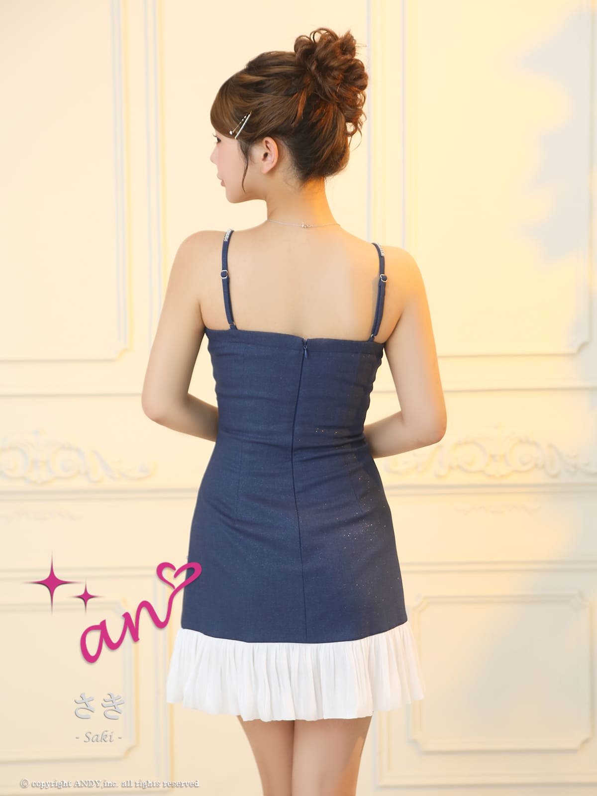 キャミソール ドット柄 バストシースルー ビジュー リボン プリーツ フレアミニドレスの詳細画像1