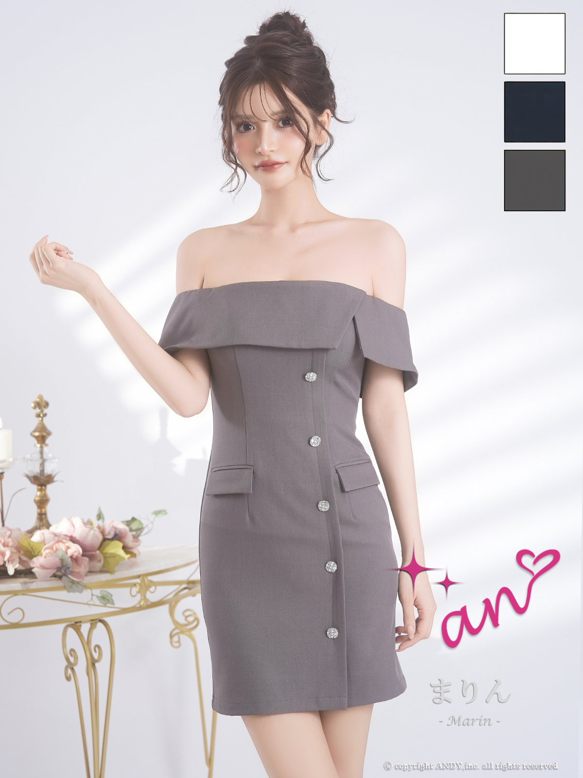 オフショルダー 半袖 ビジュー ボタン ポケット タイトミニドレスのメイン画像2