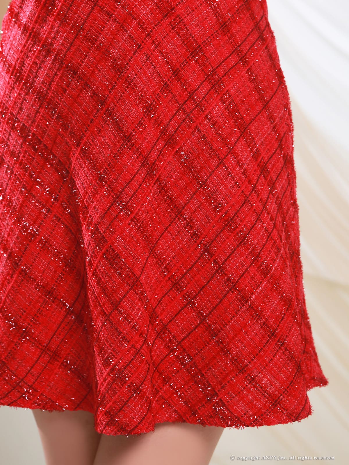 肩あき ジップデザイン チェック柄 ツイード ウエストベルト フレアミニドレスの詳細画像1