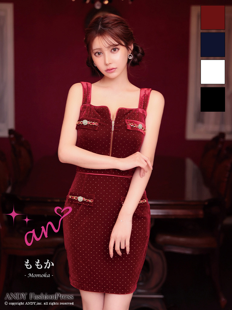 ノースリーブ ジップデザイン ドット柄 ベロア チェーン タイトミニドレスのメイン画像1