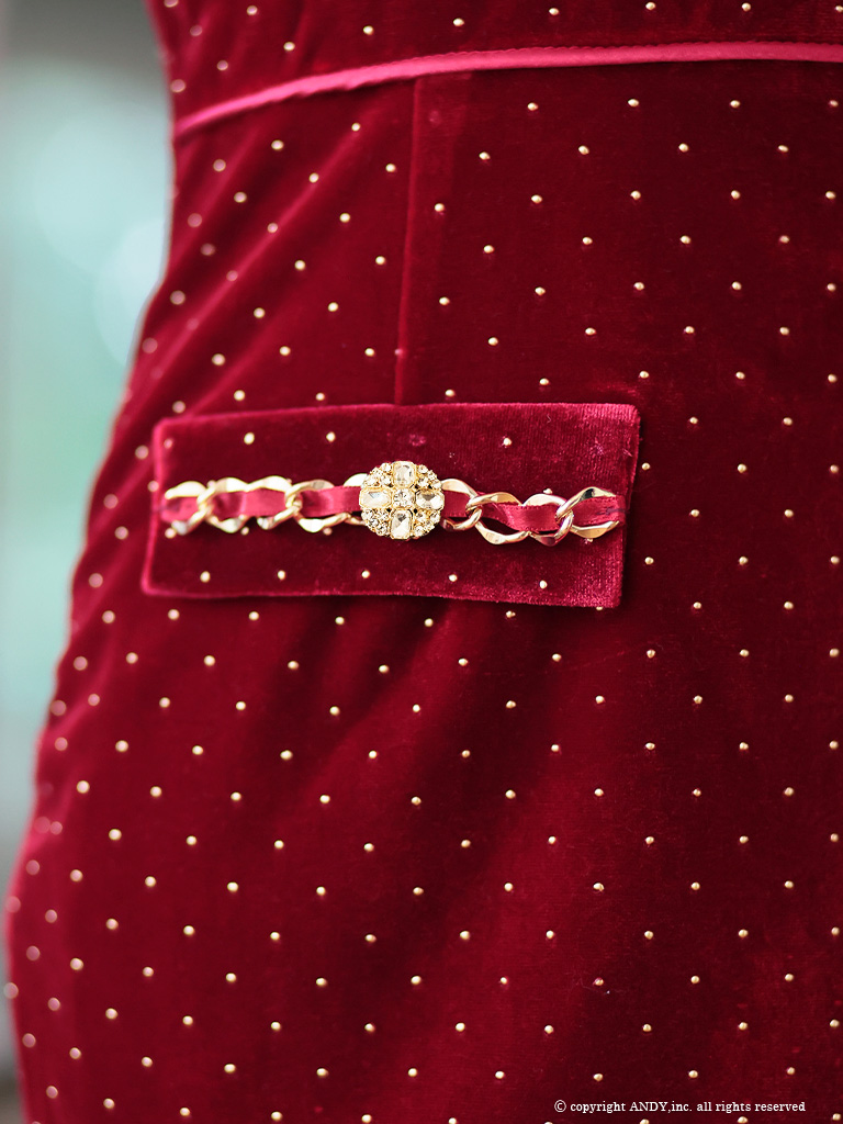 ノースリーブ ジップデザイン ドット柄 ベロア チェーン タイトミニドレスの詳細画像1