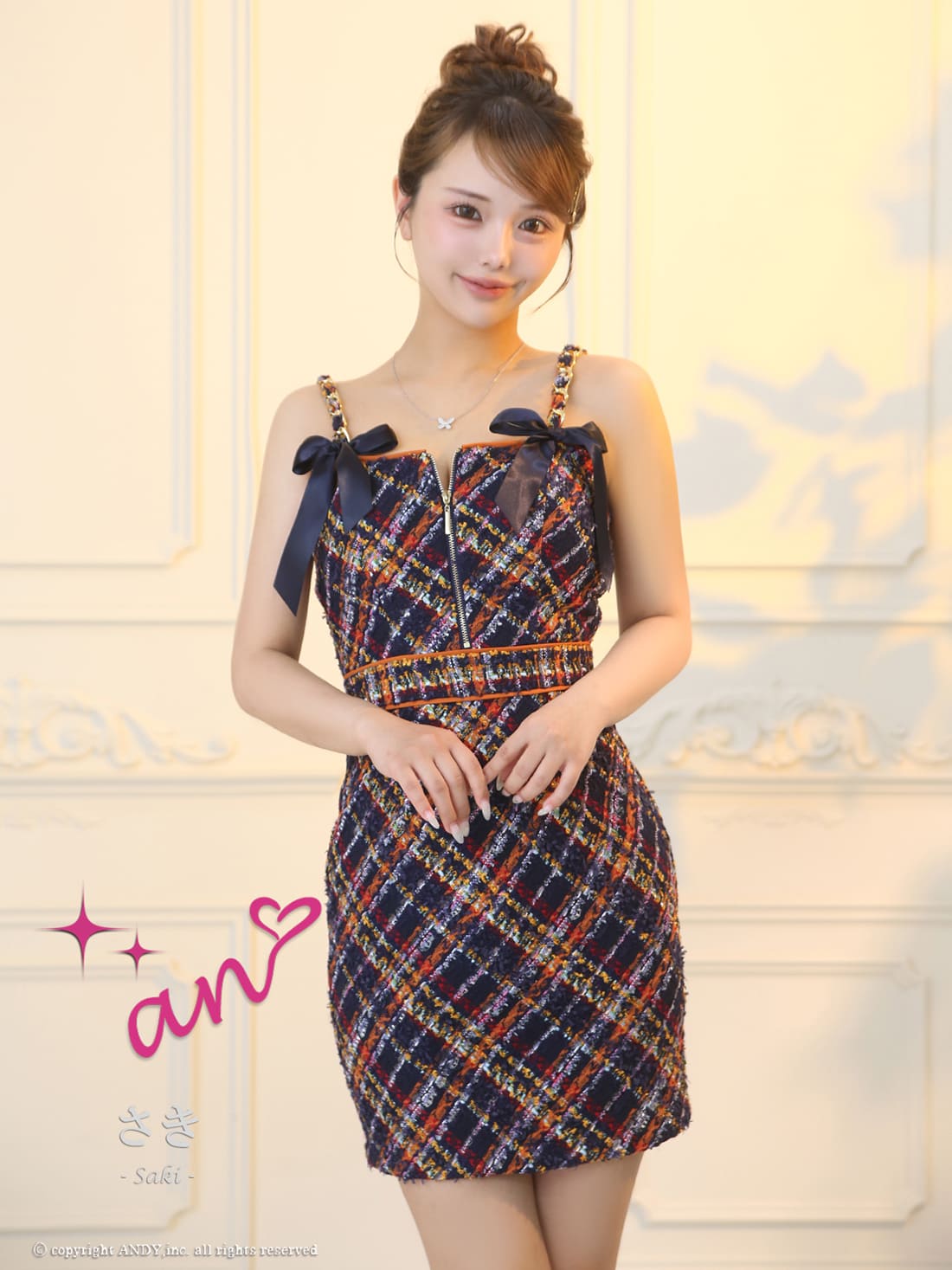 キャミソール ジップデザイン ツイード チェック柄 チェーン リボン タイトミニドレスのメイン画像1