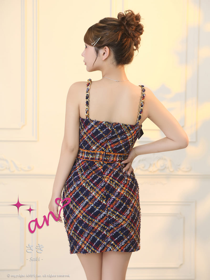 キャミソール ジップデザイン ツイード チェック柄 チェーン リボン タイトミニドレスの全身サイド画像1