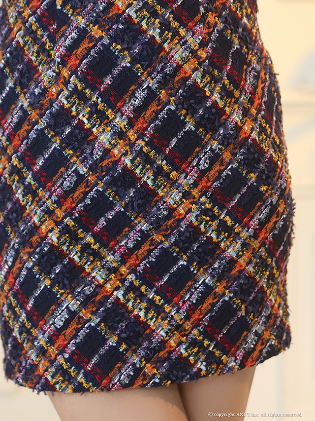 キャミソール ジップデザイン ツイード チェック柄 チェーン リボン タイトミニドレスの詳細画像1