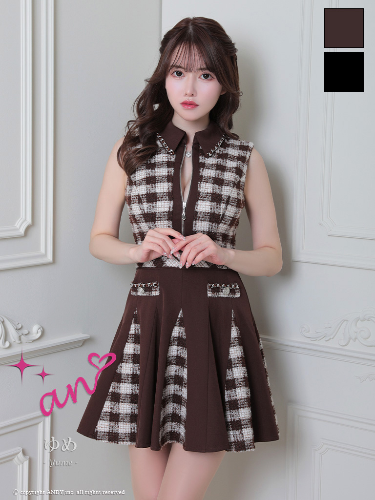 ノースリーブ ジップデザイン チェック柄 襟付き プリーツ フレアミニドレスのメイン画像1