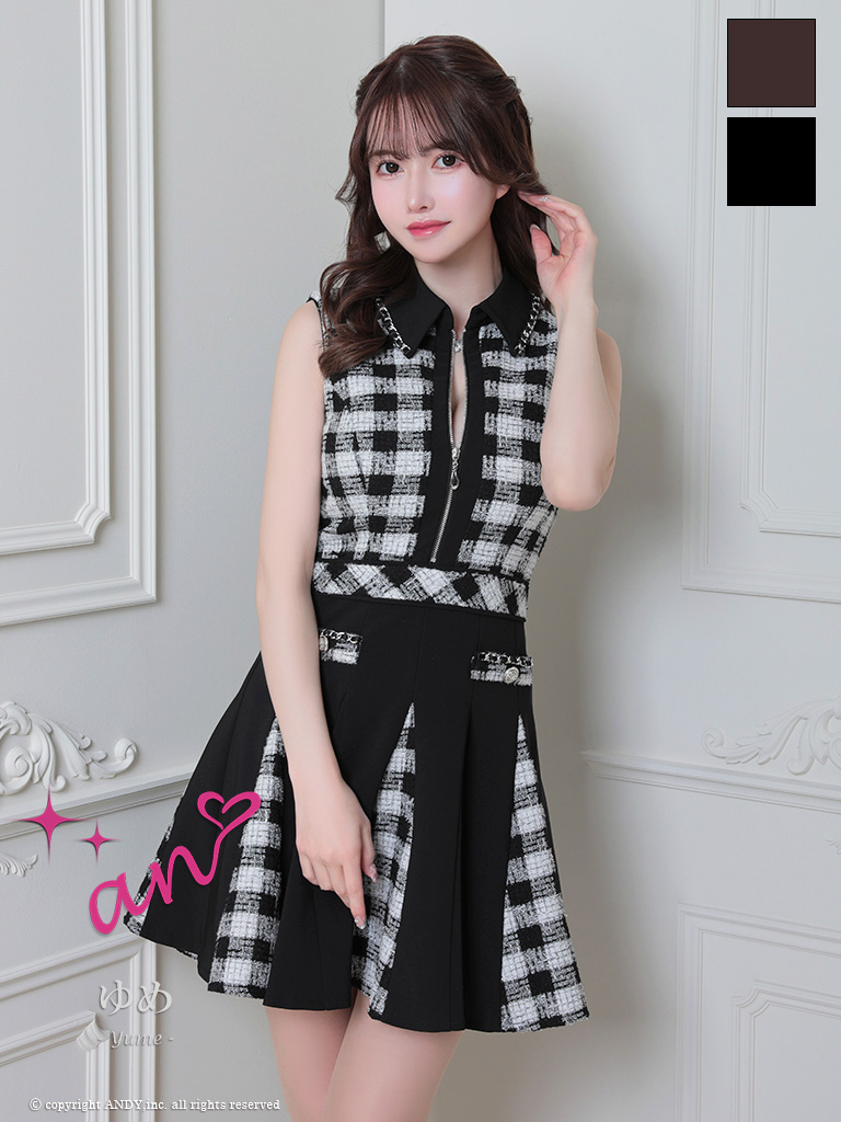 ノースリーブ ジップデザイン チェック柄 襟付き プリーツ フレアミニドレスのメイン画像2