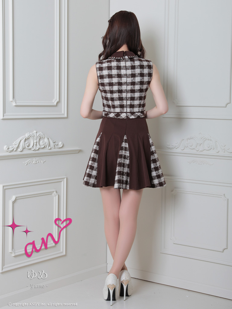 ノースリーブ ジップデザイン チェック柄 襟付き プリーツ フレアミニドレスの全身サイド画像1