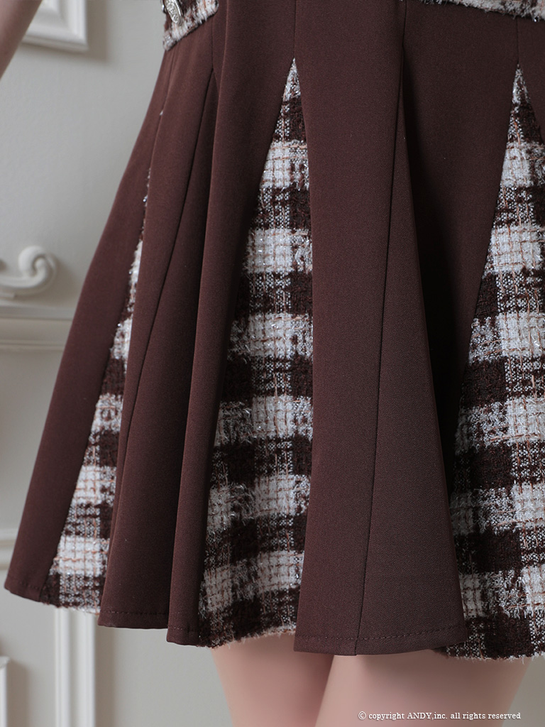 ノースリーブ ジップデザイン チェック柄 襟付き プリーツ フレアミニドレスの詳細画像1