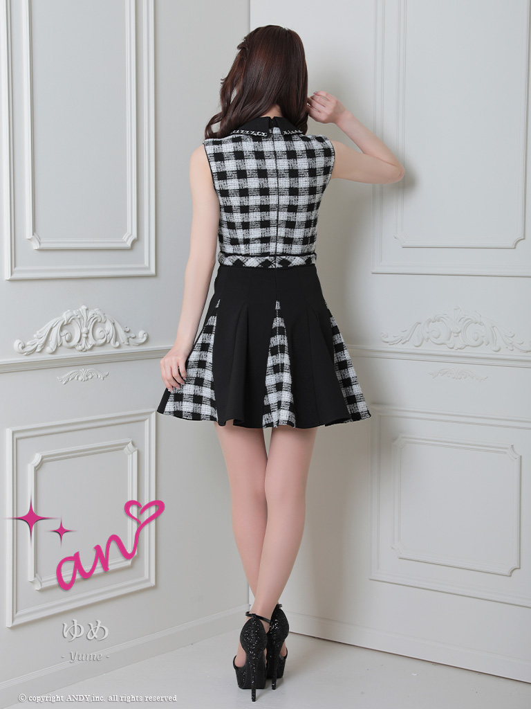 ノースリーブ ジップデザイン チェック柄 襟付き プリーツ フレアミニドレスの詳細画像1