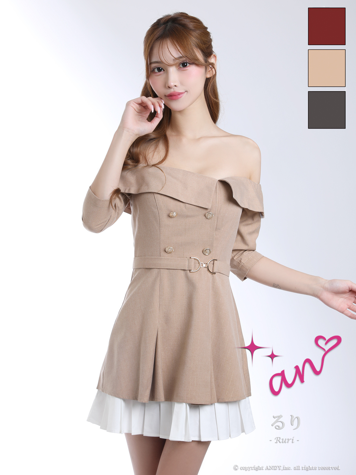 オフショル 袖あり ストライプ 飾りボタン プリーツ ベルト フレアミニドレスのメイン画像2