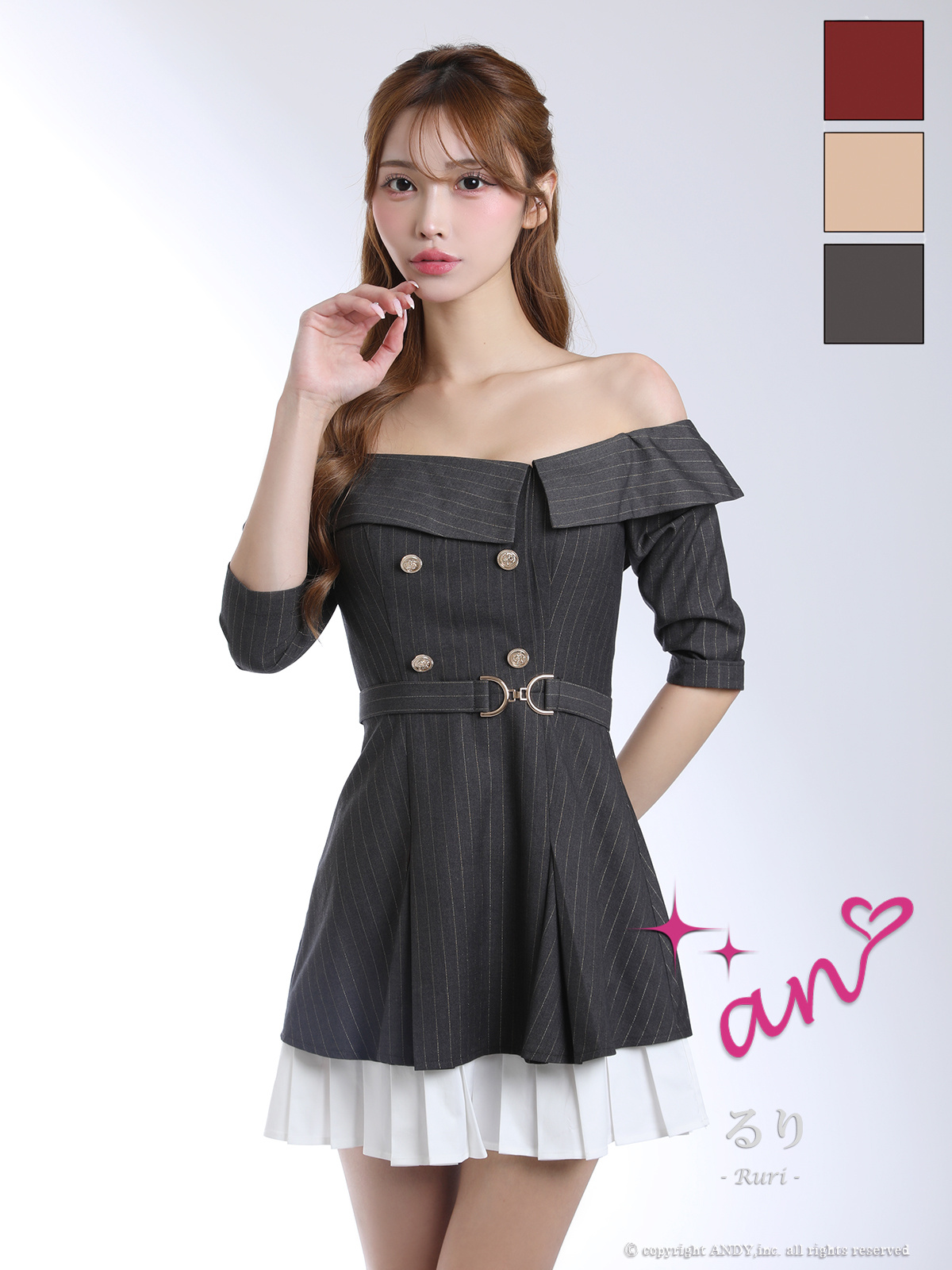 オフショル 袖あり ストライプ 飾りボタン プリーツ ベルト フレアミニドレスのメイン画像3