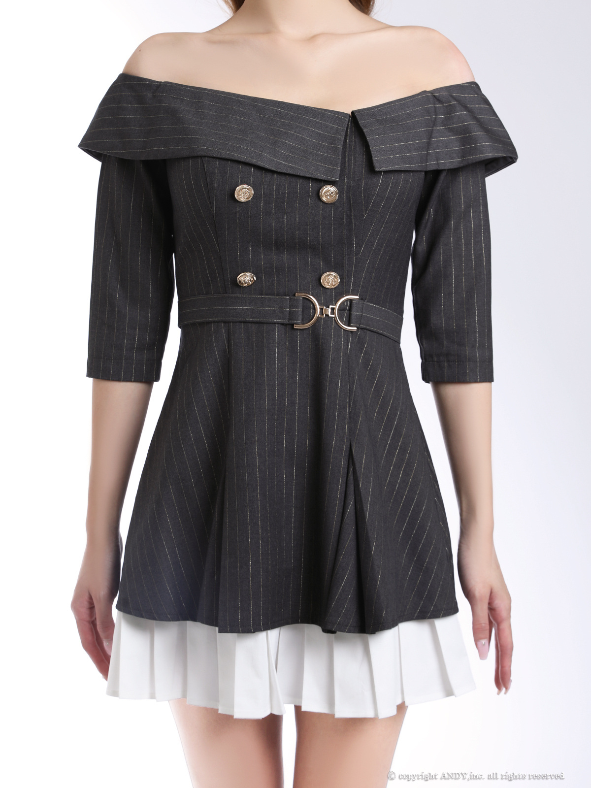 オフショル 袖あり ストライプ 飾りボタン プリーツ ベルト フレアミニドレスの詳細画像1