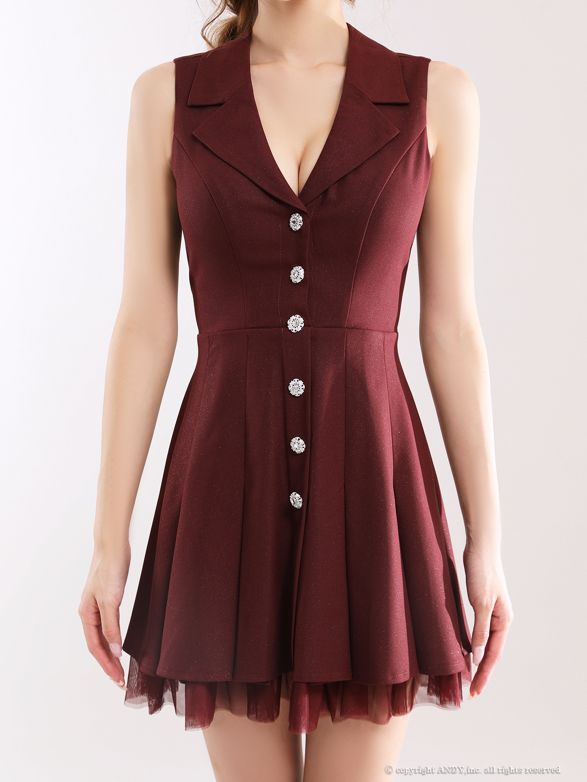 ノースリーブ 襟付き Vカット ビジューボタン プリーツ ワンカラー チュール フレアミニドレスの詳細画像1