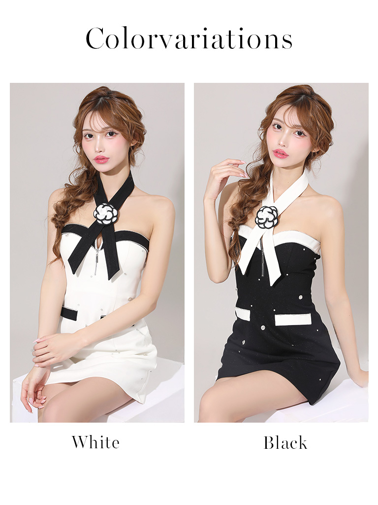 ジップデザイン ベアトップ バイカラー ビジュー ラメ フラワー 飾りポケット フレアミニドレスのメイン画像4