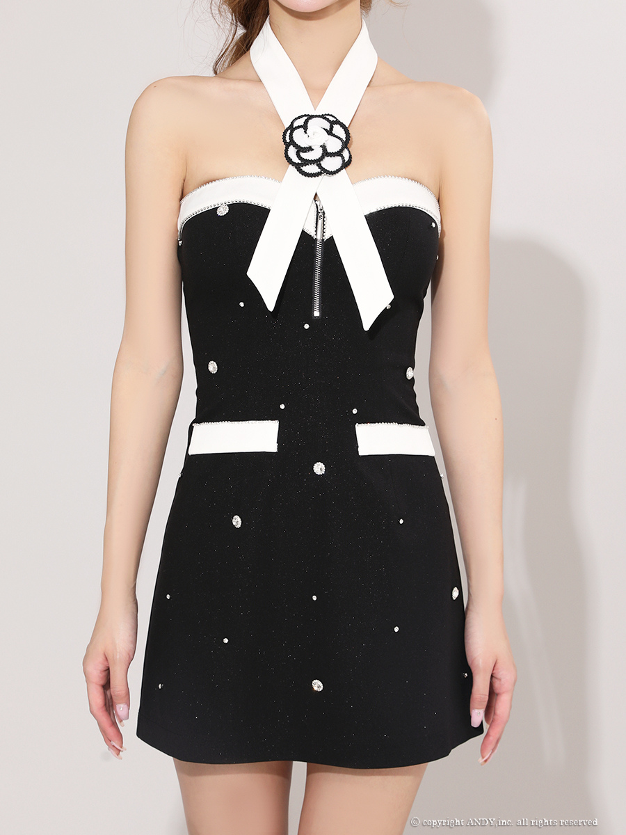 ジップデザイン ベアトップ バイカラー ビジュー ラメ フラワー 飾りポケット フレアミニドレスの詳細画像1