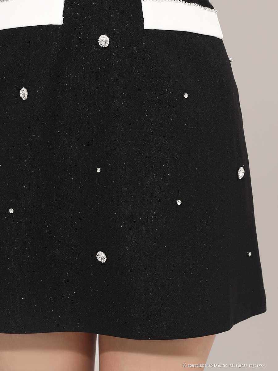 ジップデザイン ベアトップ バイカラー ビジュー ラメ フラワー 飾りポケット フレアミニドレスの詳細画像2