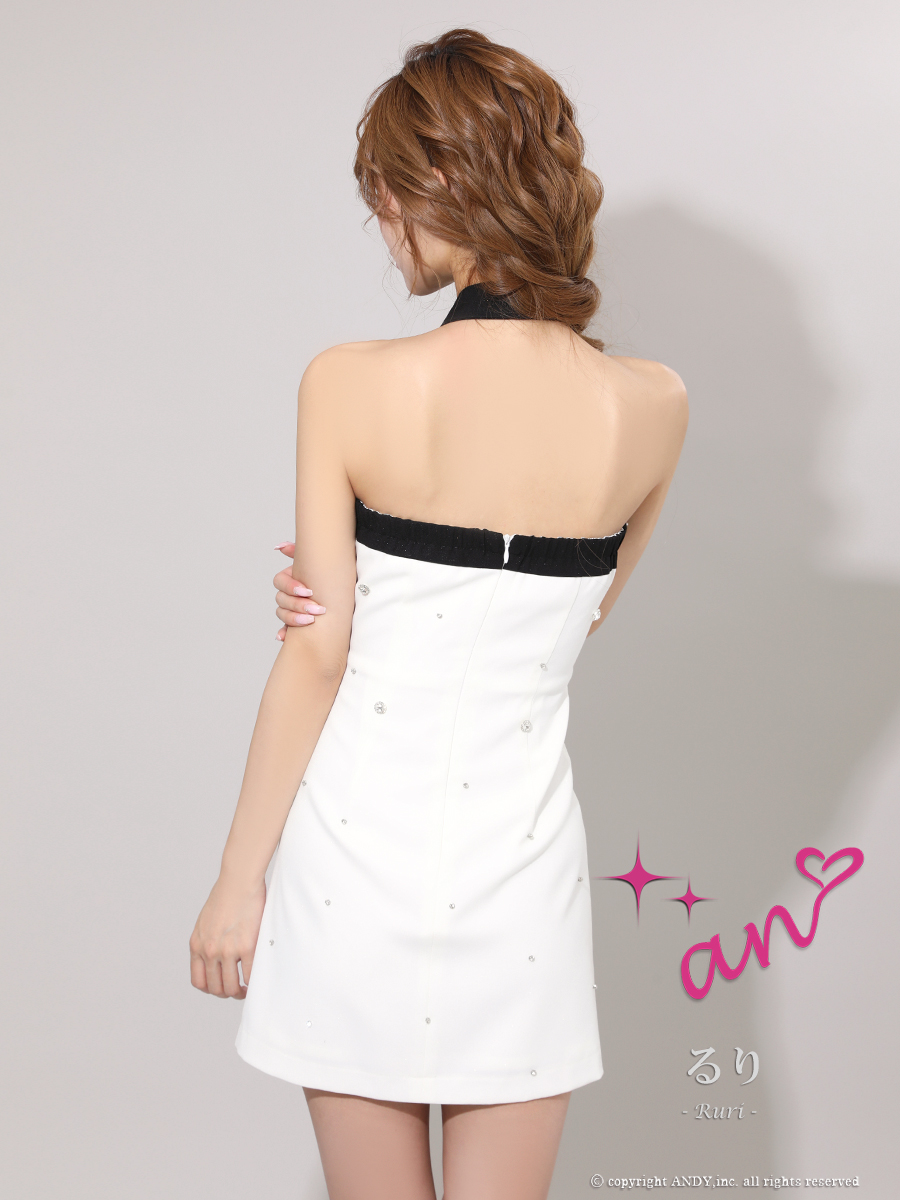 ジップデザイン ベアトップ バイカラー ビジュー ラメ フラワー 飾りポケット フレアミニドレスの全身バック画像2