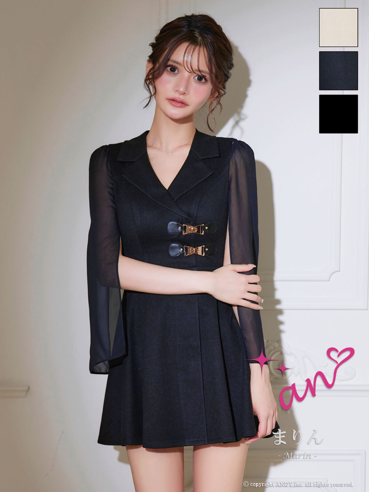 ノースリーブ ネックリボン チェーンベルト フリル プリーツ フレアミニドレスのメイン画像1