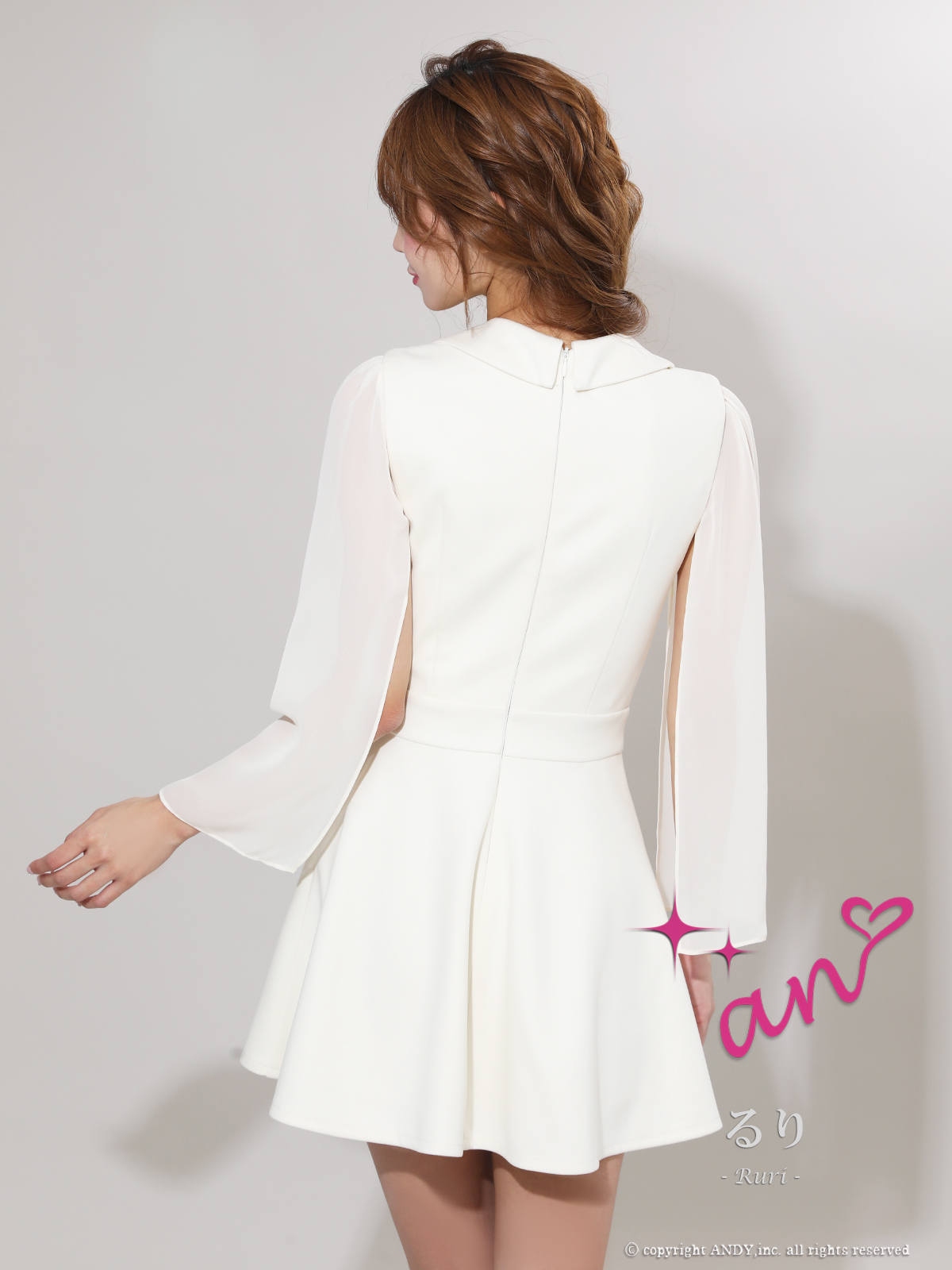 ノースリーブ ネックリボン チェーンベルト フリル プリーツ フレアミニドレスの詳細画像1