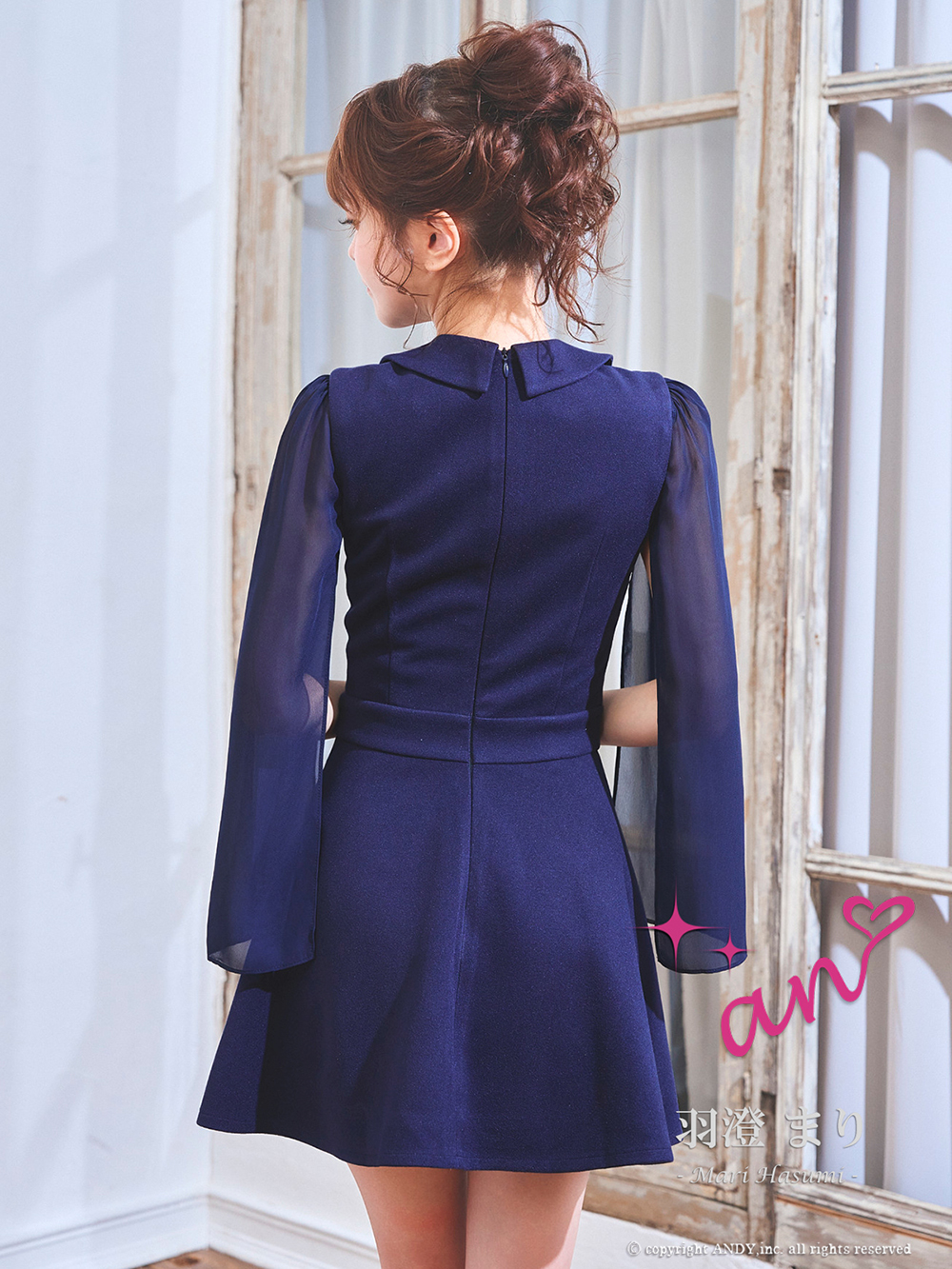 ノースリーブ ネックリボン チェーンベルト フリル プリーツ フレアミニドレスの詳細画像1