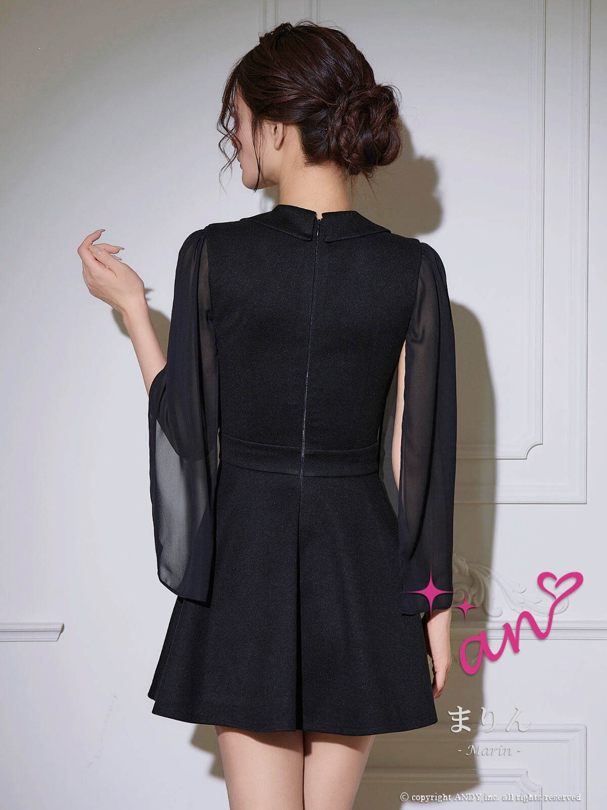 ノースリーブ ネックリボン チェーンベルト フリル プリーツ フレアミニドレスの詳細画像2