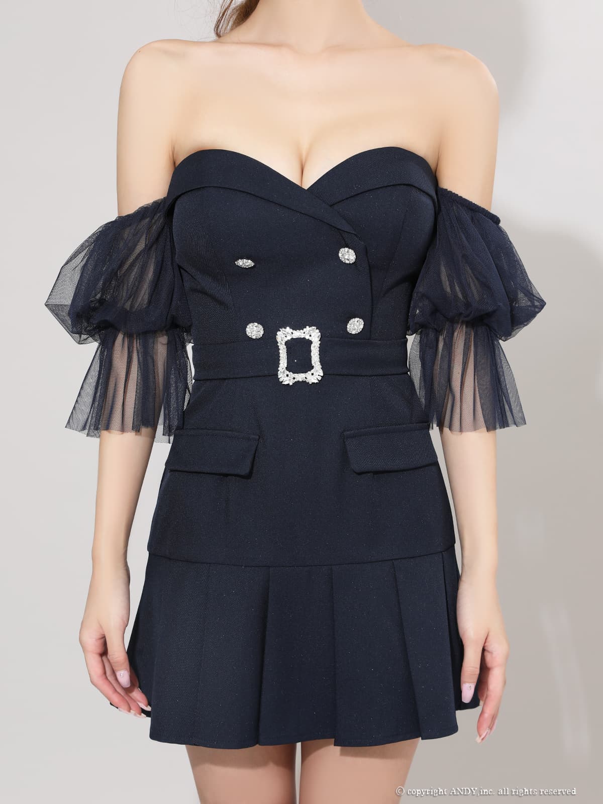 2way オフショルダー ベアトップ チュールスリーブ ビジュー ウエストベルト プリーツ フレアミニドレスの詳細画像1