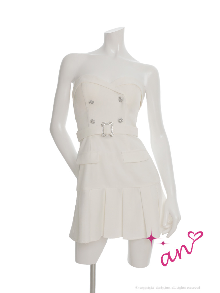 2way オフショルダー ベアトップ チュールスリーブ ビジュー ウエストベルト プリーツ フレアミニドレスの詳細画像2