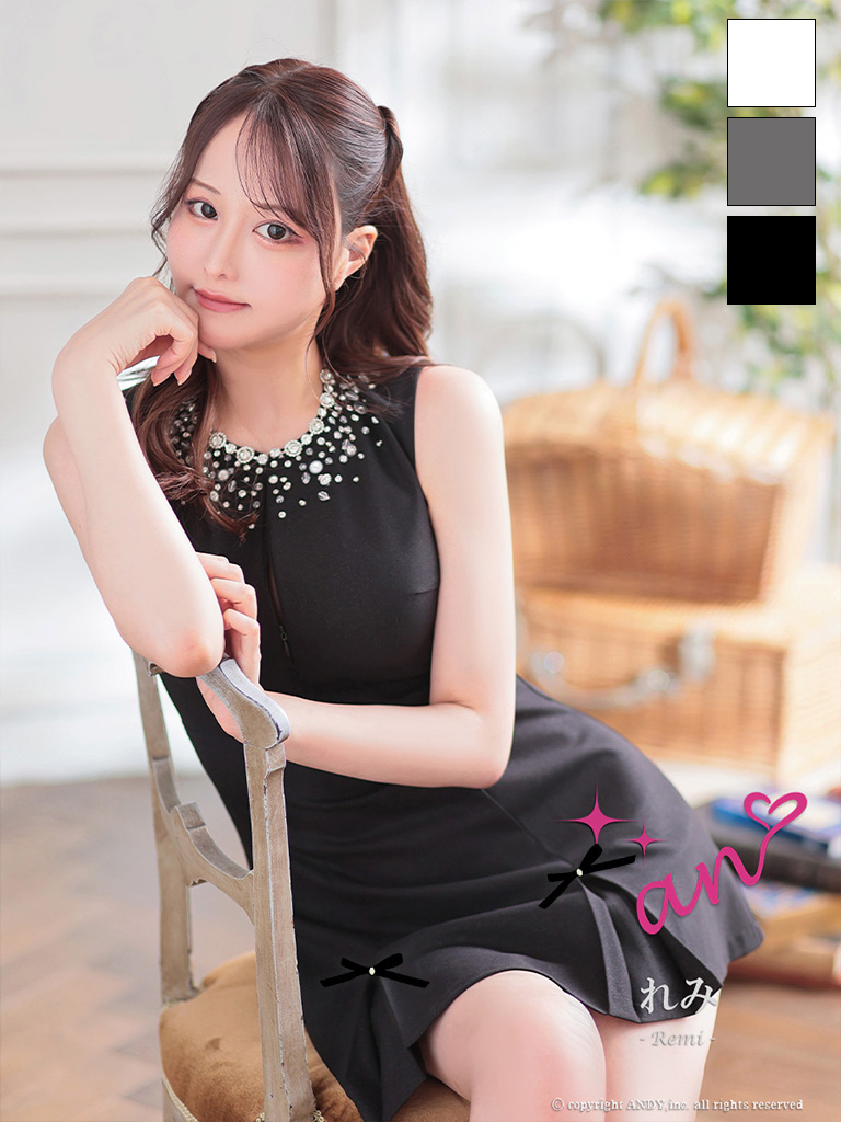 ノースリーブ ジップデザイン バックカット プリーツ リボン ビジュー フレアミニドレスのメイン画像1