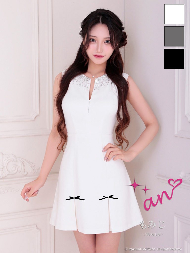 ノースリーブ ジップデザイン バックカット プリーツ リボン ビジュー フレアミニドレスのメイン画像1