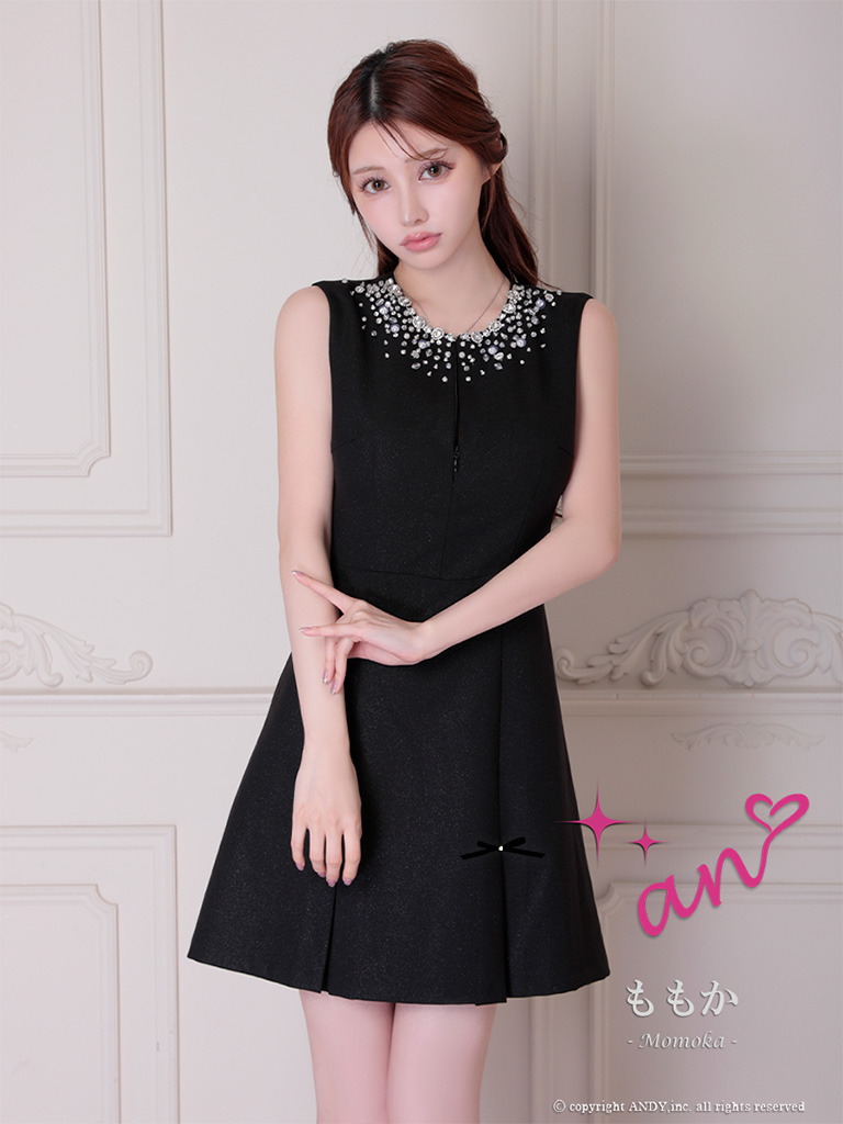 ノースリーブ ジップデザイン バックカット プリーツ リボン ビジュー フレアミニドレスの全身フロント画像1