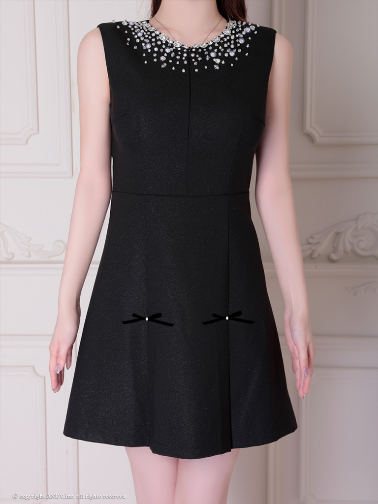 ノースリーブ ジップデザイン バックカット プリーツ リボン ビジュー フレアミニドレスの詳細画像2