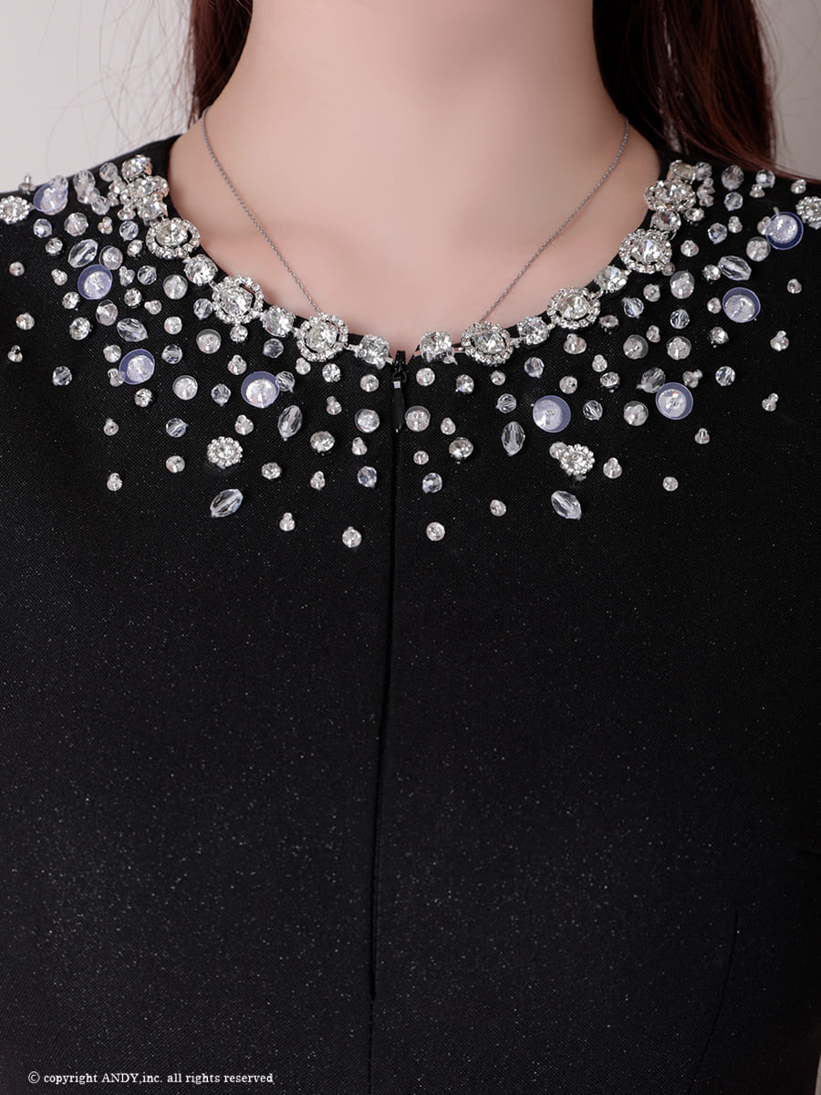 ノースリーブ ジップデザイン バックカット プリーツ リボン ビジュー フレアミニドレスの詳細画像2