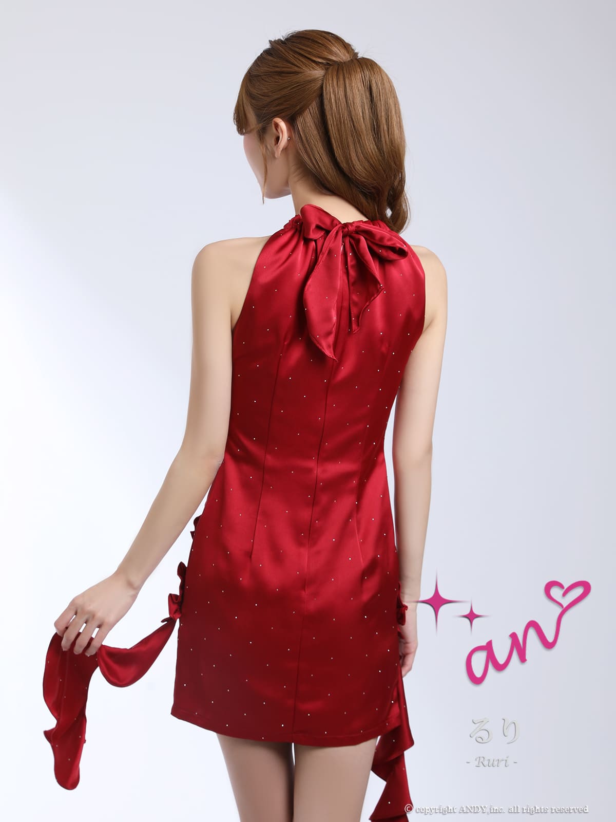 ホルターネック ジップデザイン バストカット フリル ワンカラー タイトミニドレスの詳細画像1