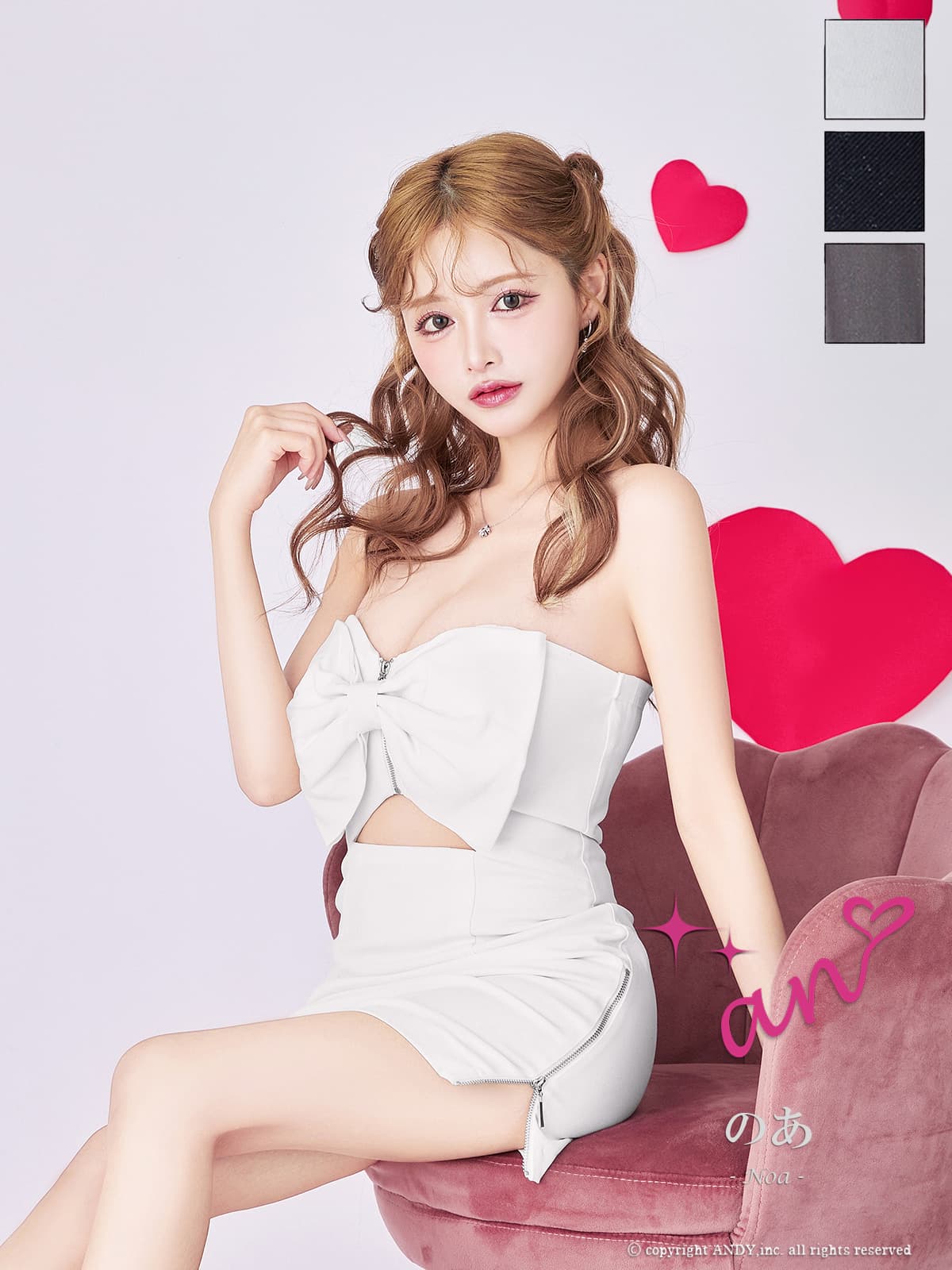 ベアトップ ジップデザイン ウエストカット リボン スリット タイトミニドレスのメイン画像1