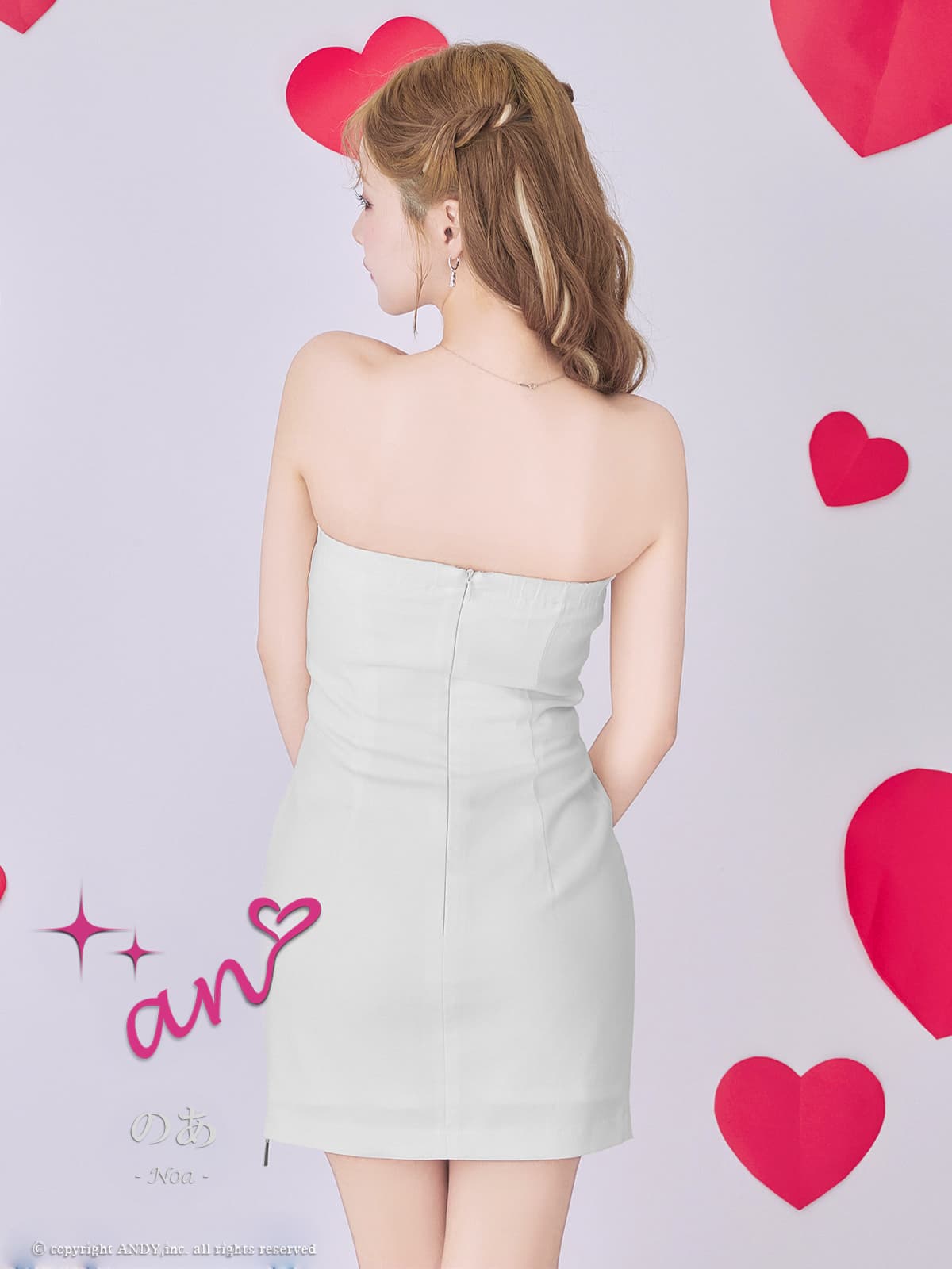 ベアトップ ジップデザイン ウエストカット リボン スリット タイトミニドレスの全身バック画像1