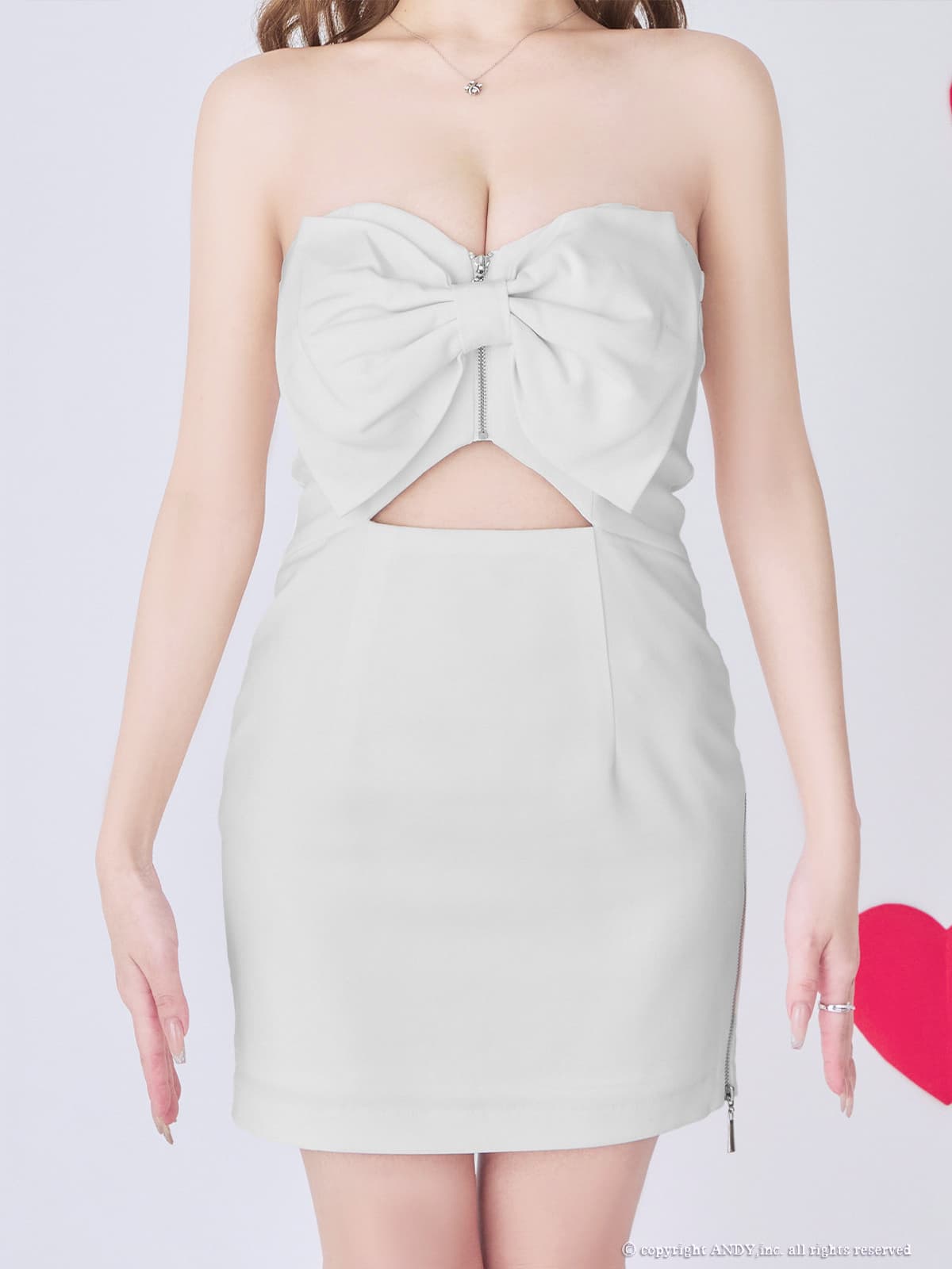 ベアトップ ジップデザイン ウエストカット リボン スリット タイトミニドレスの詳細画像1