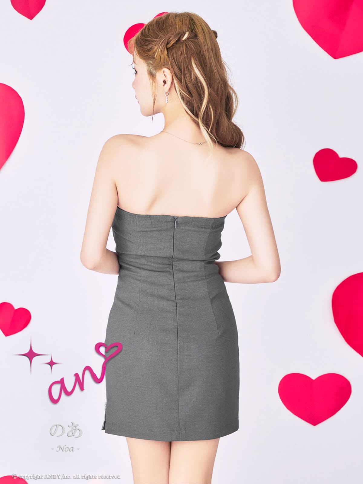 ベアトップ ジップデザイン ウエストカット リボン スリット タイトミニドレスの全身バック画像2