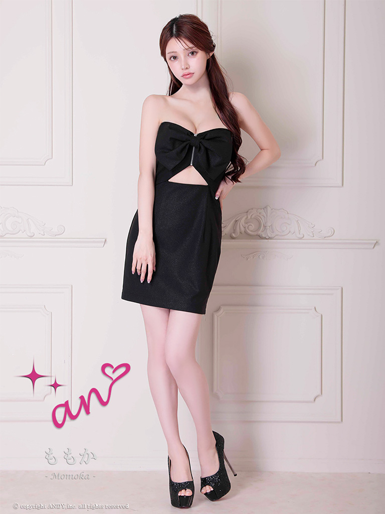 ベアトップ ジップデザイン ウエストカット リボン スリット タイトミニドレスの全身フロント画像2